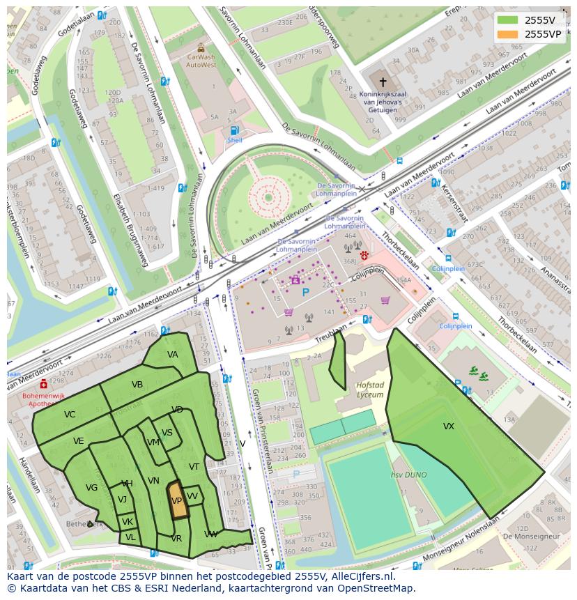 Afbeelding van het postcodegebied 2555 VP op de kaart.