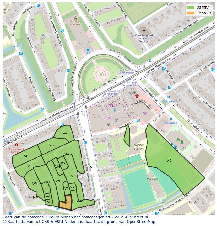 Afbeelding van het postcodegebied 2555 VR op de kaart.