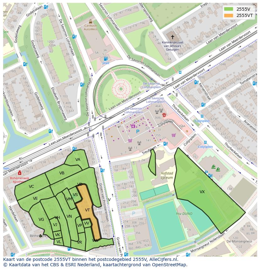 Afbeelding van het postcodegebied 2555 VT op de kaart.