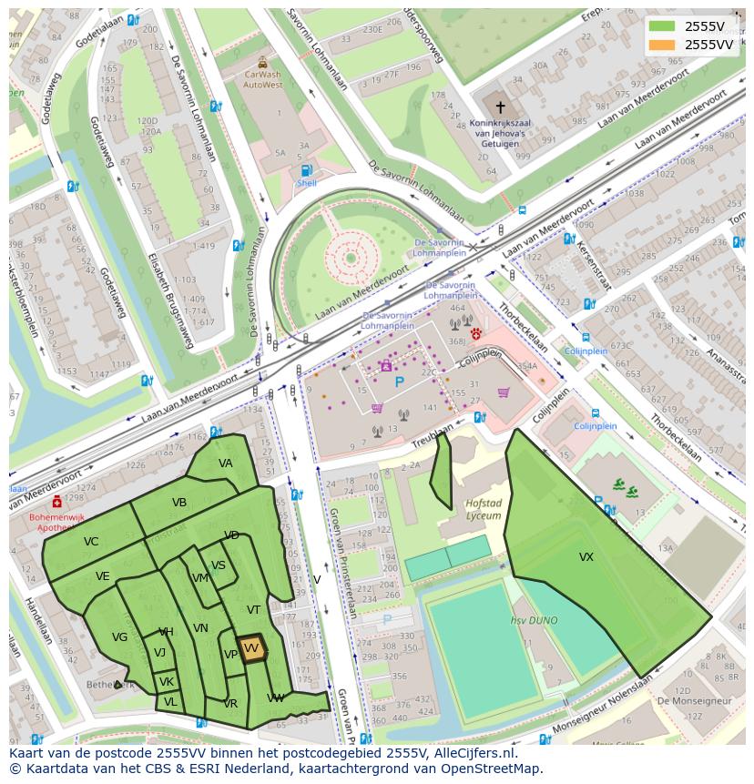 Afbeelding van het postcodegebied 2555 VV op de kaart.