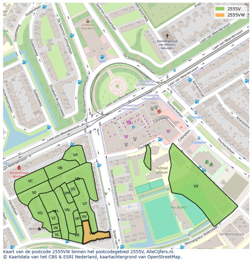 Afbeelding van het postcodegebied 2555 VW op de kaart.