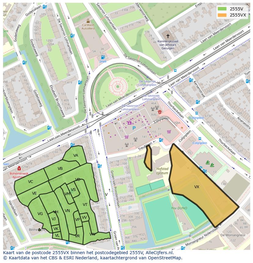 Afbeelding van het postcodegebied 2555 VX op de kaart.