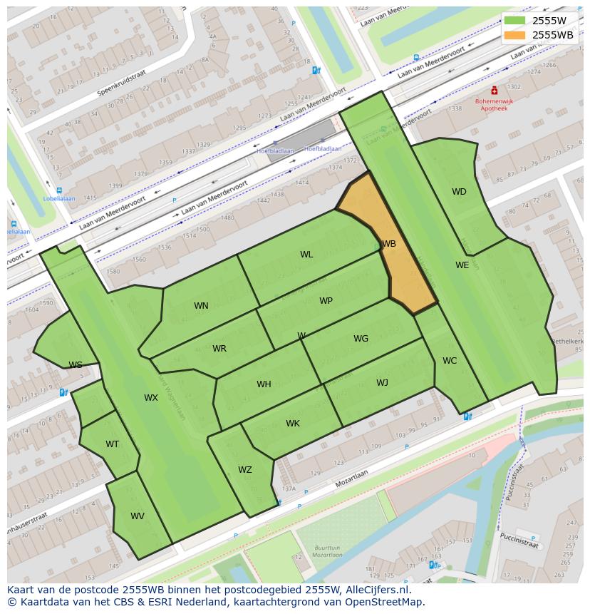 Afbeelding van het postcodegebied 2555 WB op de kaart.