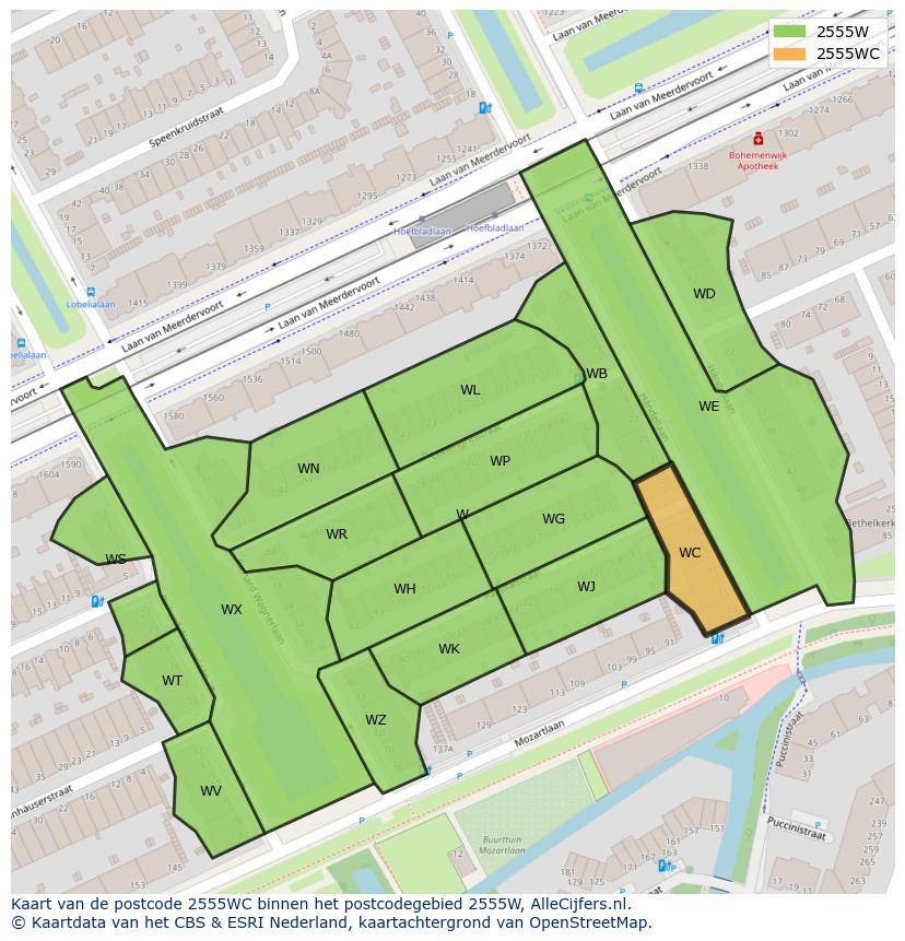 Afbeelding van het postcodegebied 2555 WC op de kaart.