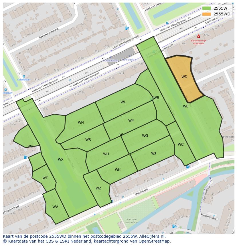 Afbeelding van het postcodegebied 2555 WD op de kaart.
