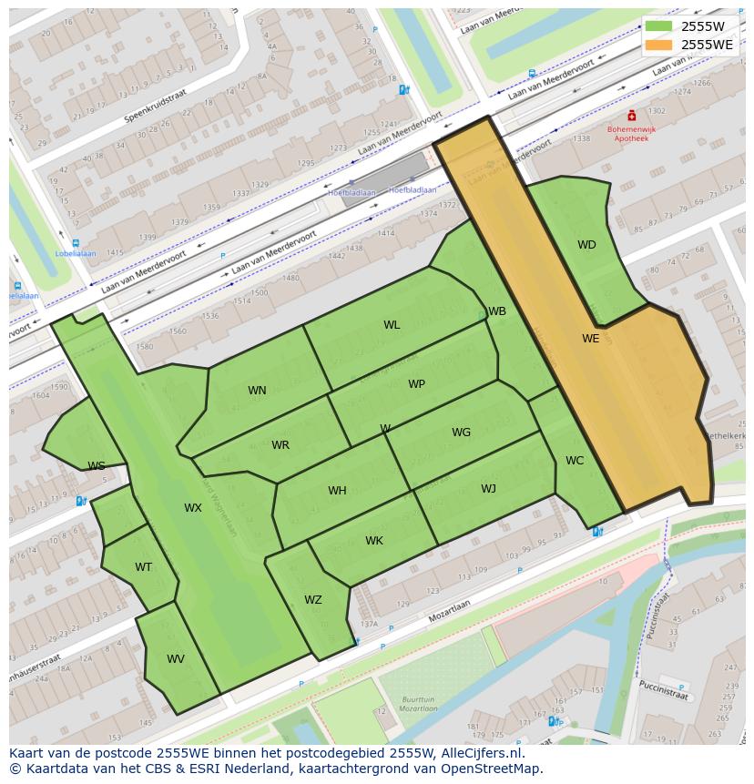 Afbeelding van het postcodegebied 2555 WE op de kaart.