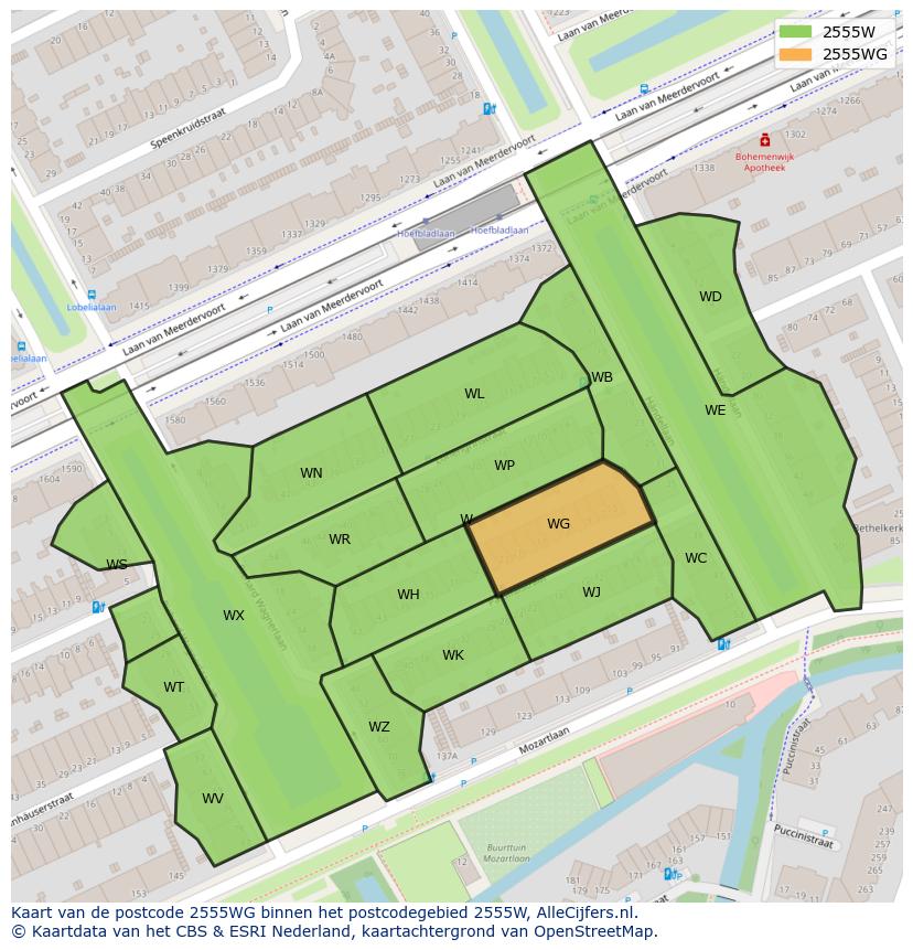 Afbeelding van het postcodegebied 2555 WG op de kaart.