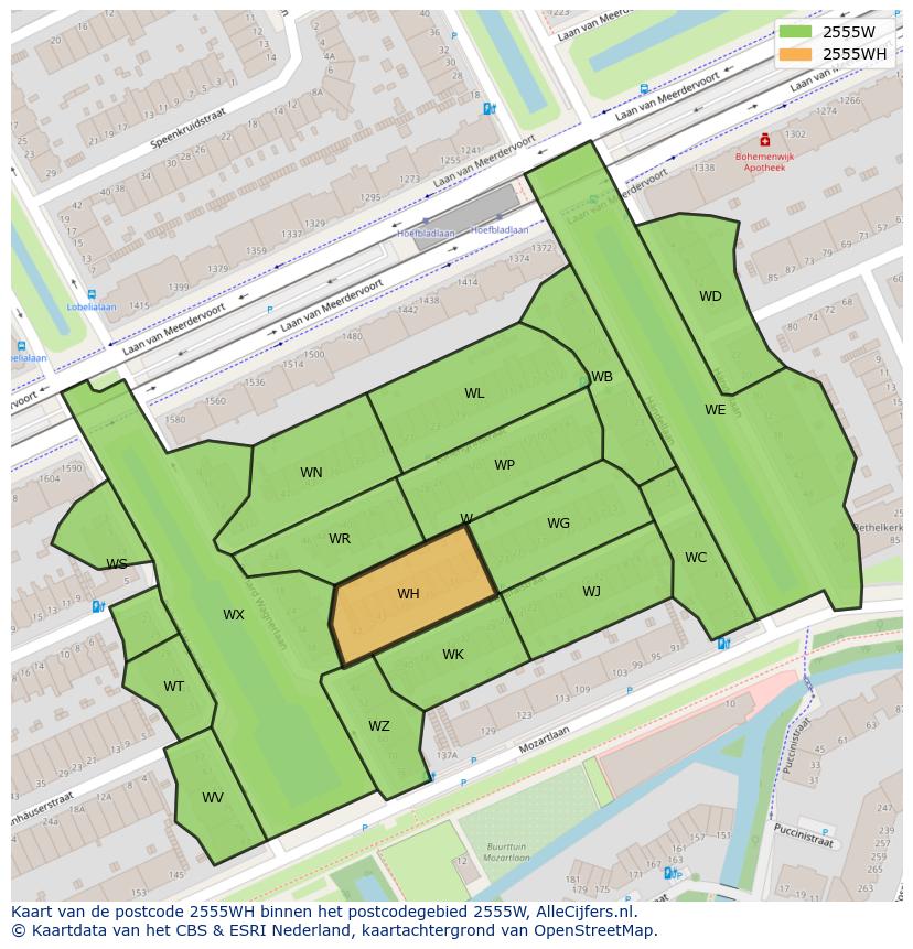 Afbeelding van het postcodegebied 2555 WH op de kaart.