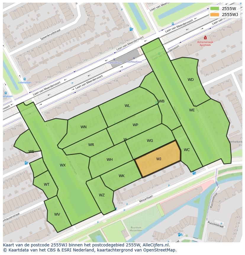 Afbeelding van het postcodegebied 2555 WJ op de kaart.