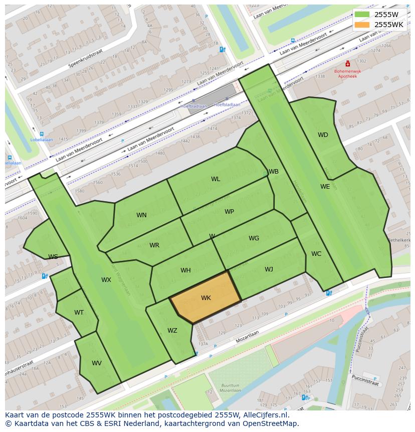 Afbeelding van het postcodegebied 2555 WK op de kaart.