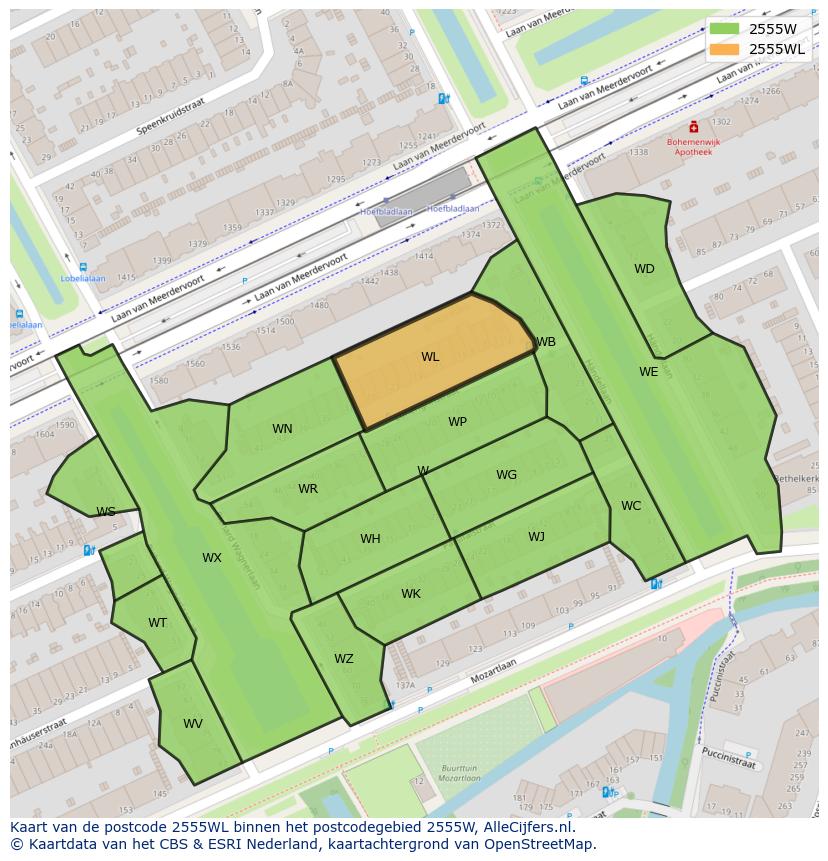 Afbeelding van het postcodegebied 2555 WL op de kaart.