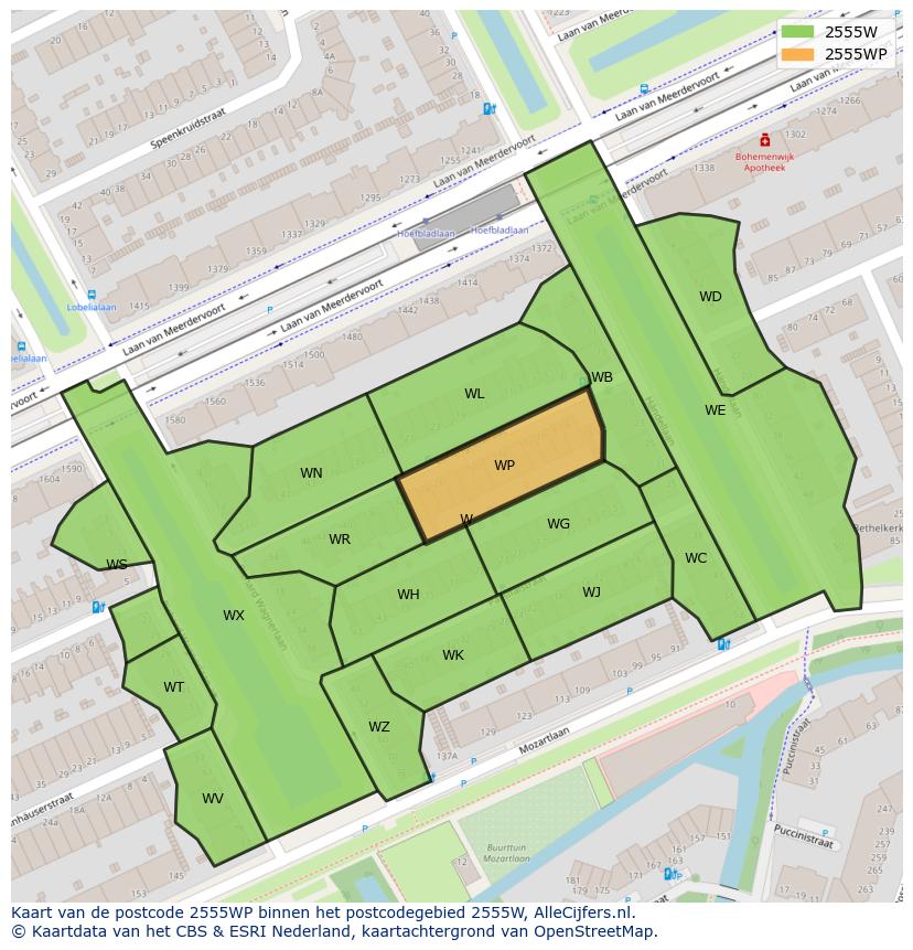 Afbeelding van het postcodegebied 2555 WP op de kaart.