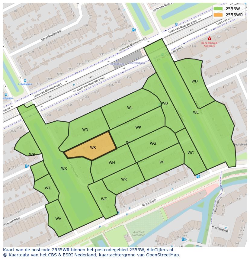 Afbeelding van het postcodegebied 2555 WR op de kaart.