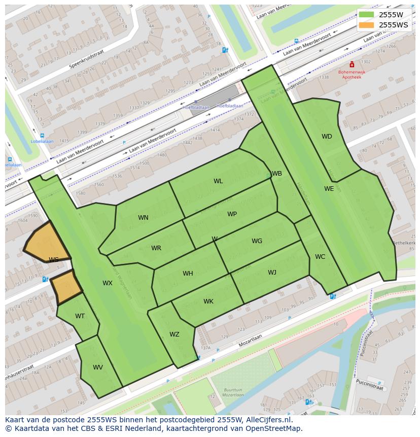 Afbeelding van het postcodegebied 2555 WS op de kaart.