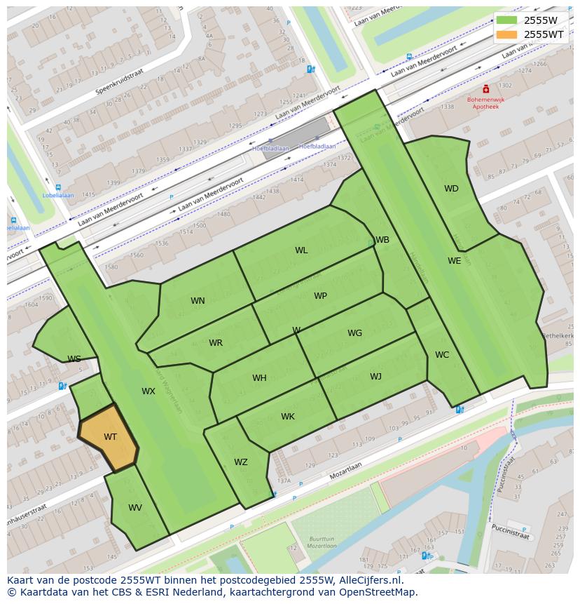 Afbeelding van het postcodegebied 2555 WT op de kaart.