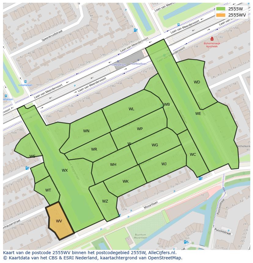 Afbeelding van het postcodegebied 2555 WV op de kaart.