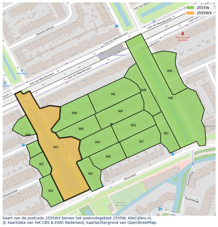 Afbeelding van het postcodegebied 2555 WX op de kaart.