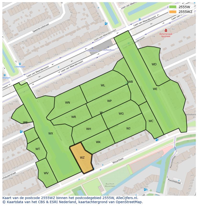 Afbeelding van het postcodegebied 2555 WZ op de kaart.