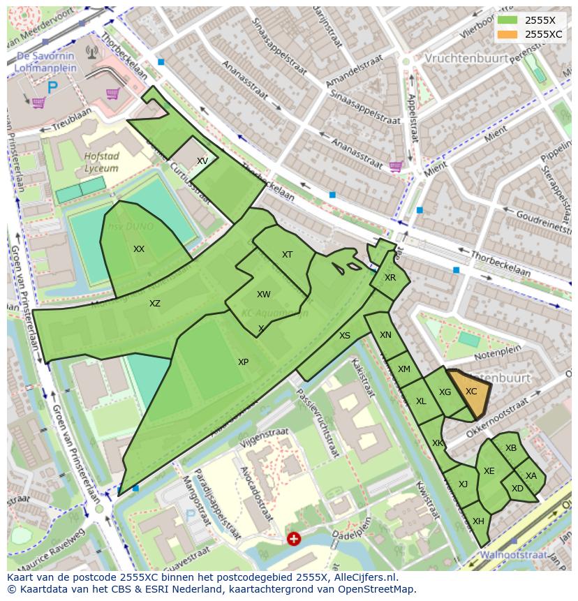 Afbeelding van het postcodegebied 2555 XC op de kaart.