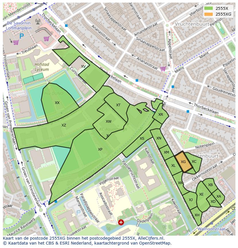 Afbeelding van het postcodegebied 2555 XG op de kaart.