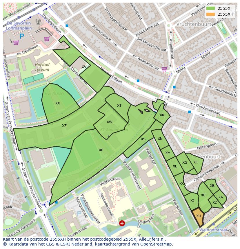 Afbeelding van het postcodegebied 2555 XH op de kaart.