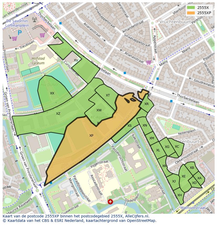 Afbeelding van het postcodegebied 2555 XP op de kaart.