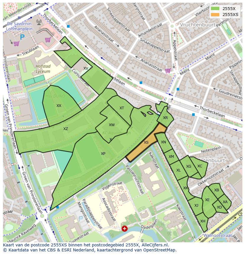 Afbeelding van het postcodegebied 2555 XS op de kaart.