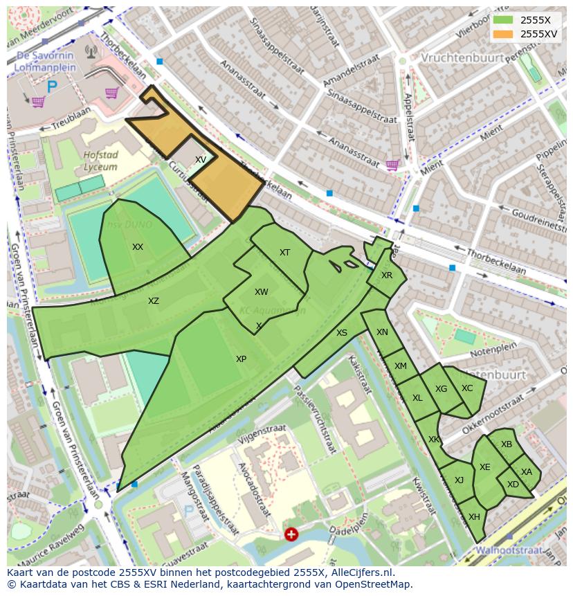 Afbeelding van het postcodegebied 2555 XV op de kaart.