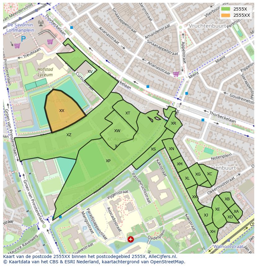 Afbeelding van het postcodegebied 2555 XX op de kaart.
