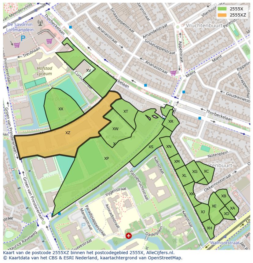 Afbeelding van het postcodegebied 2555 XZ op de kaart.