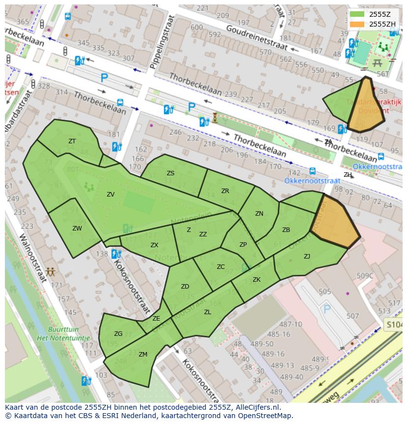 Afbeelding van het postcodegebied 2555 ZH op de kaart.