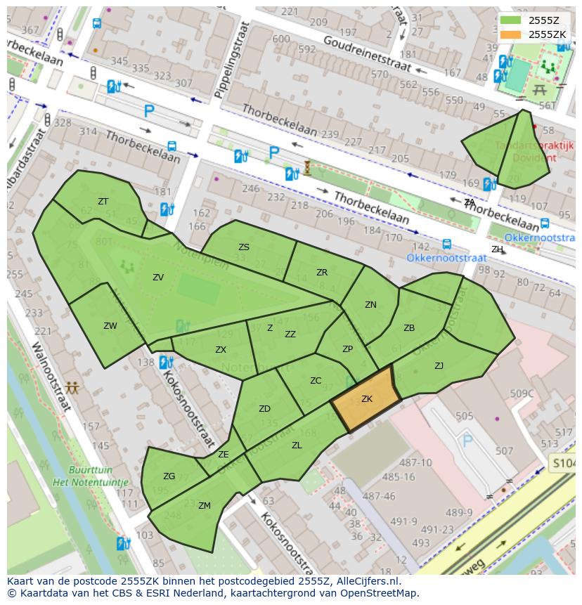 Afbeelding van het postcodegebied 2555 ZK op de kaart.