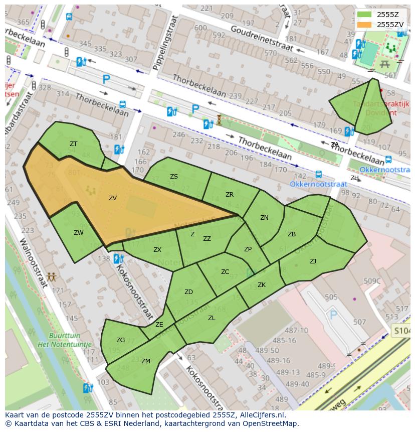 Afbeelding van het postcodegebied 2555 ZV op de kaart.