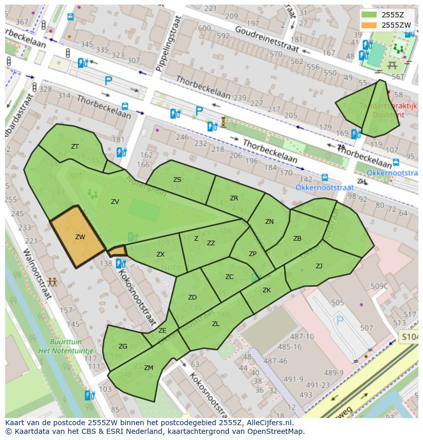 Afbeelding van het postcodegebied 2555 ZW op de kaart.