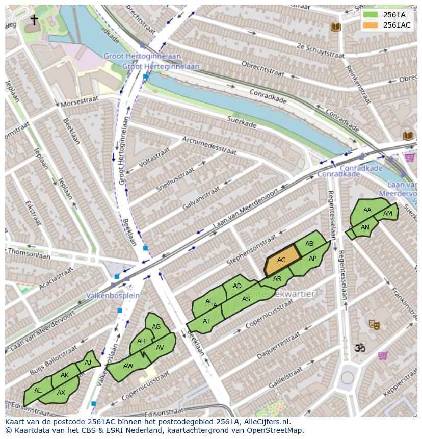 Afbeelding van het postcodegebied 2561 AC op de kaart.