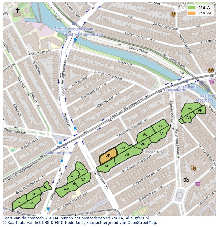 Afbeelding van het postcodegebied 2561 AE op de kaart.