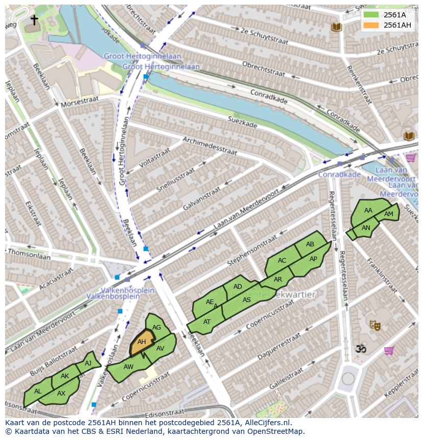 Afbeelding van het postcodegebied 2561 AH op de kaart.