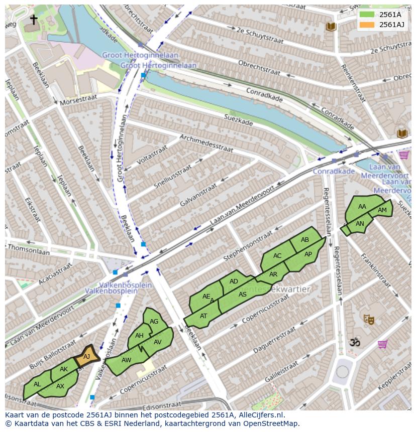 Afbeelding van het postcodegebied 2561 AJ op de kaart.