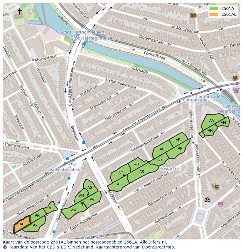 Afbeelding van het postcodegebied 2561 AL op de kaart.