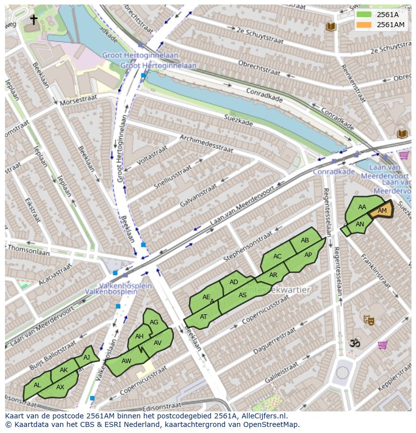 Afbeelding van het postcodegebied 2561 AM op de kaart.