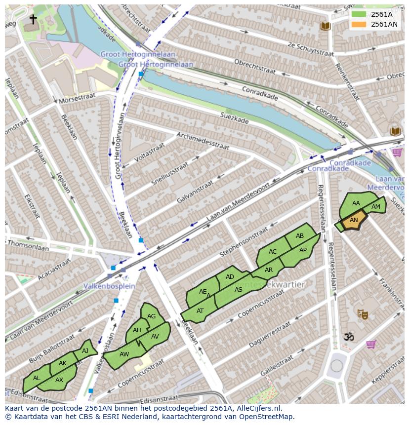 Afbeelding van het postcodegebied 2561 AN op de kaart.