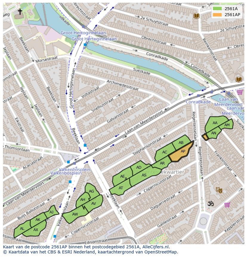 Afbeelding van het postcodegebied 2561 AP op de kaart.