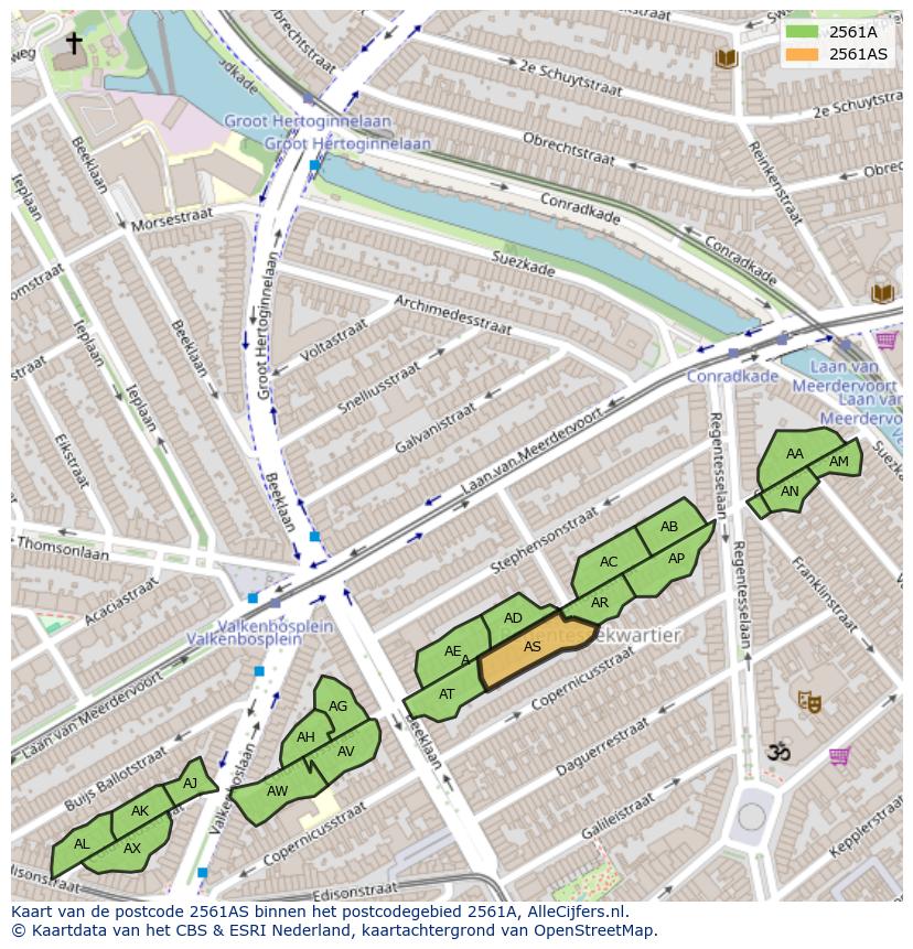 Afbeelding van het postcodegebied 2561 AS op de kaart.