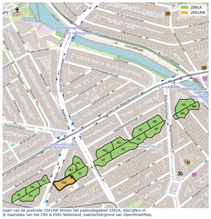 Afbeelding van het postcodegebied 2561 AW op de kaart.