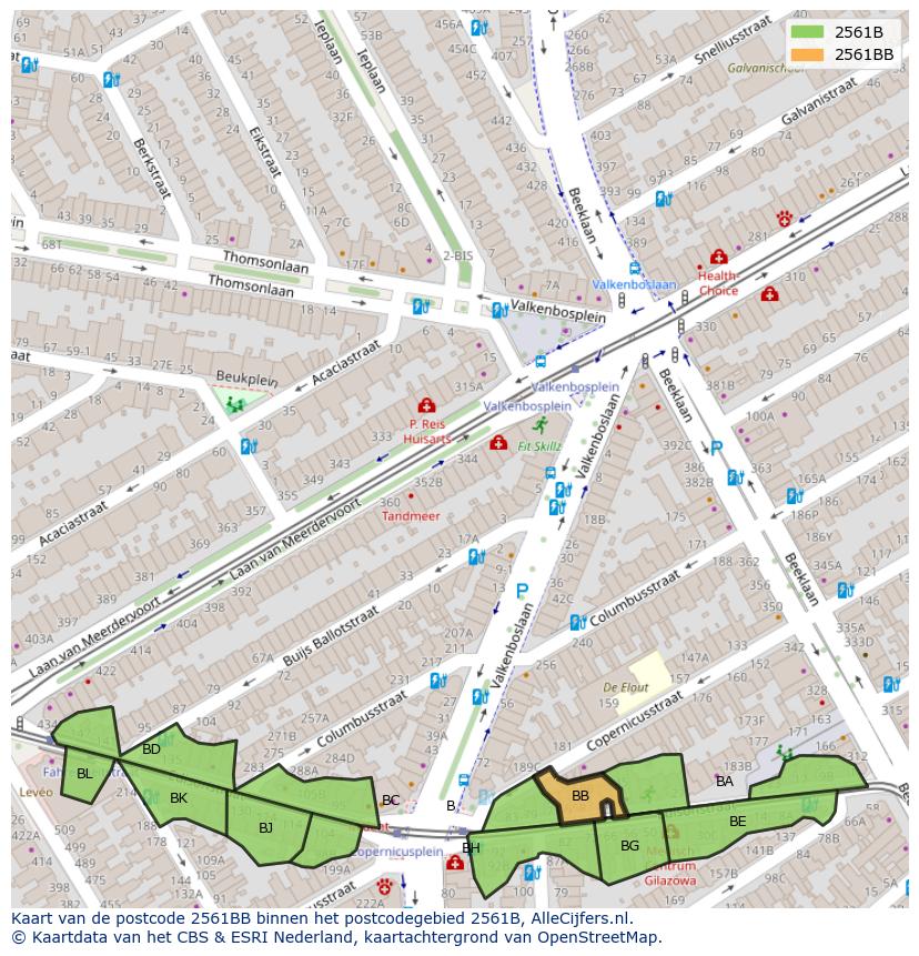 Afbeelding van het postcodegebied 2561 BB op de kaart.