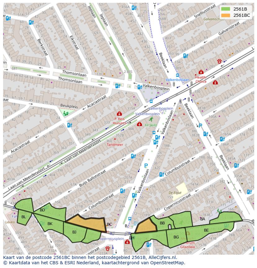Afbeelding van het postcodegebied 2561 BC op de kaart.
