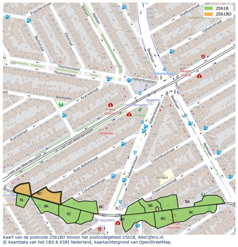 Afbeelding van het postcodegebied 2561 BD op de kaart.