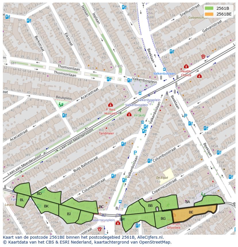 Afbeelding van het postcodegebied 2561 BE op de kaart.