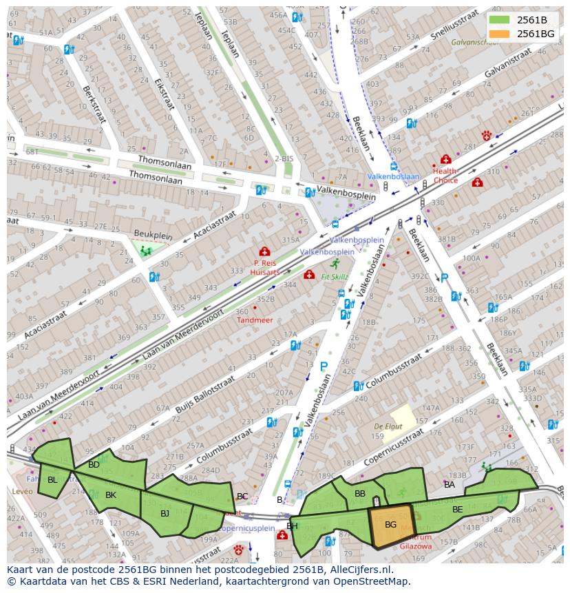 Afbeelding van het postcodegebied 2561 BG op de kaart.