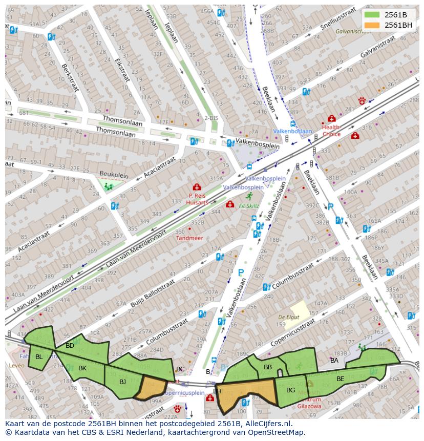 Afbeelding van het postcodegebied 2561 BH op de kaart.